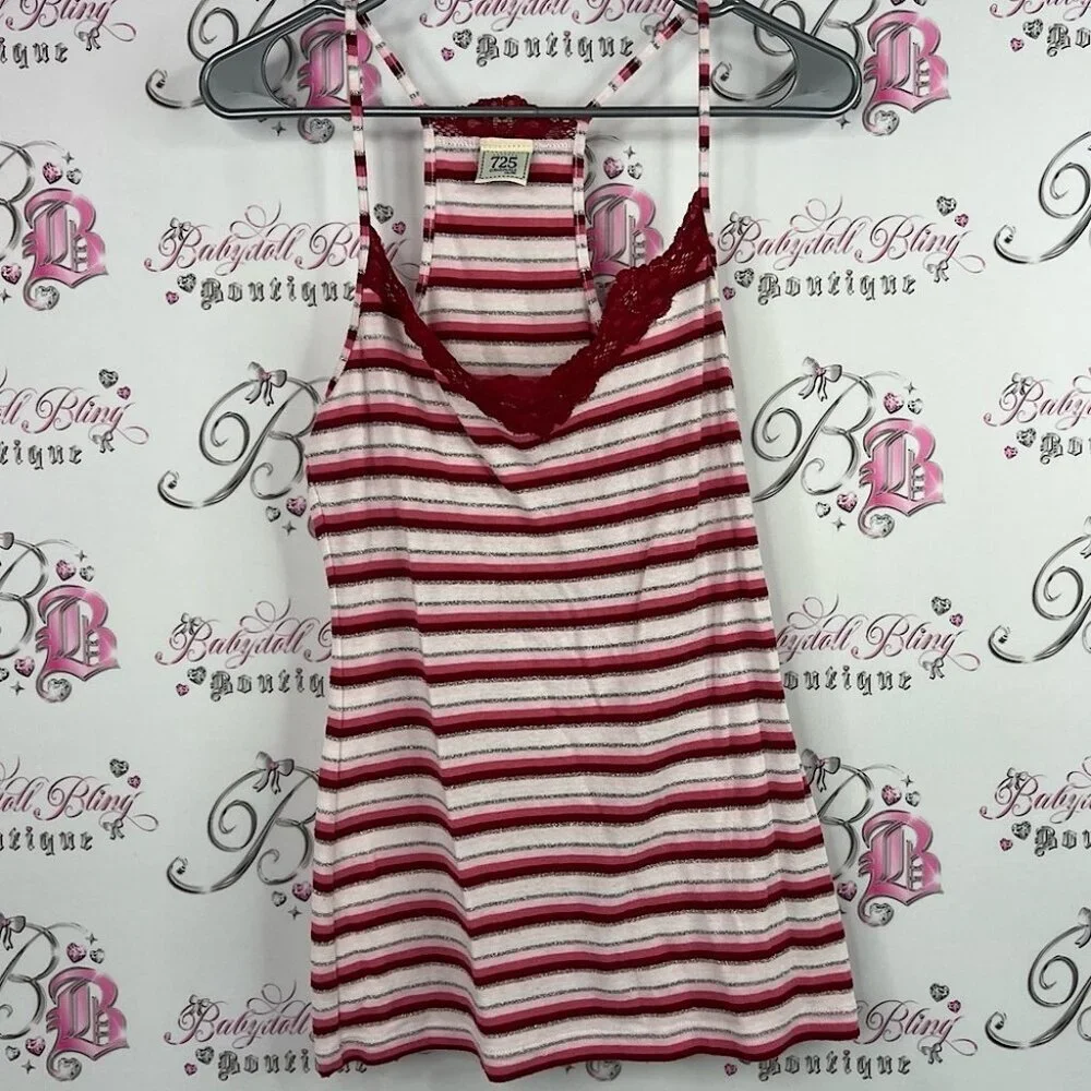 725 originals sparkly tank top stripe Red and White Striped Top with Lace Detail